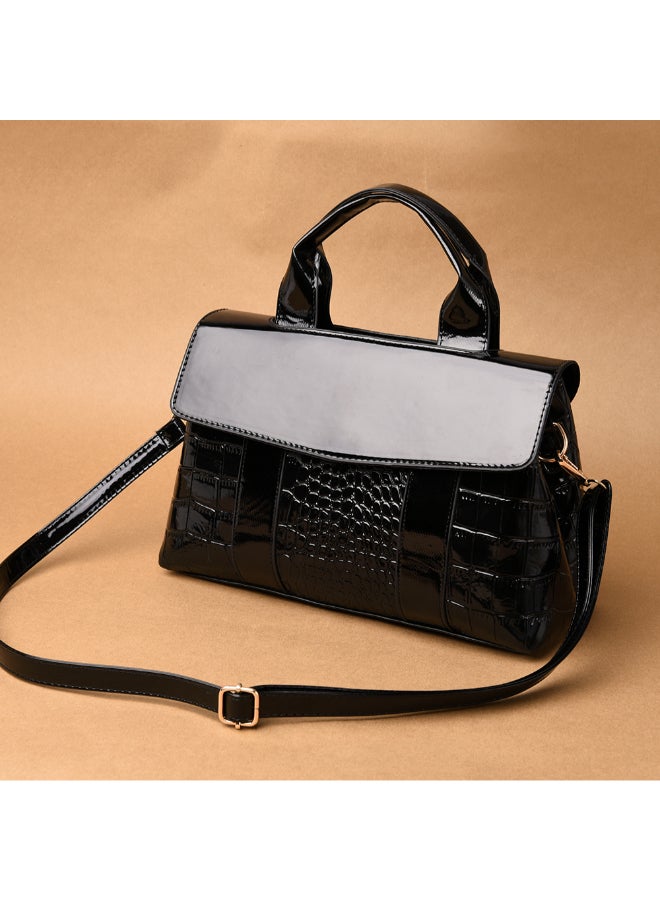 Sharpdo - 2-Piece Crocodile Pattern Satchel And Clutch Set Black - Image 1