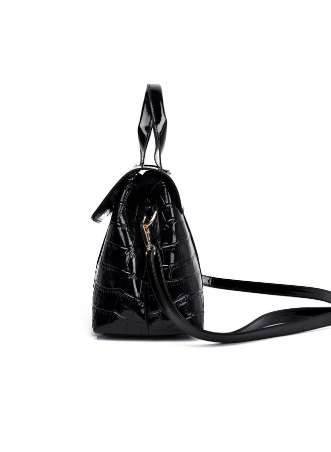 Sharpdo - 2-Piece Crocodile Pattern Satchel And Clutch Set Black - Image 1
