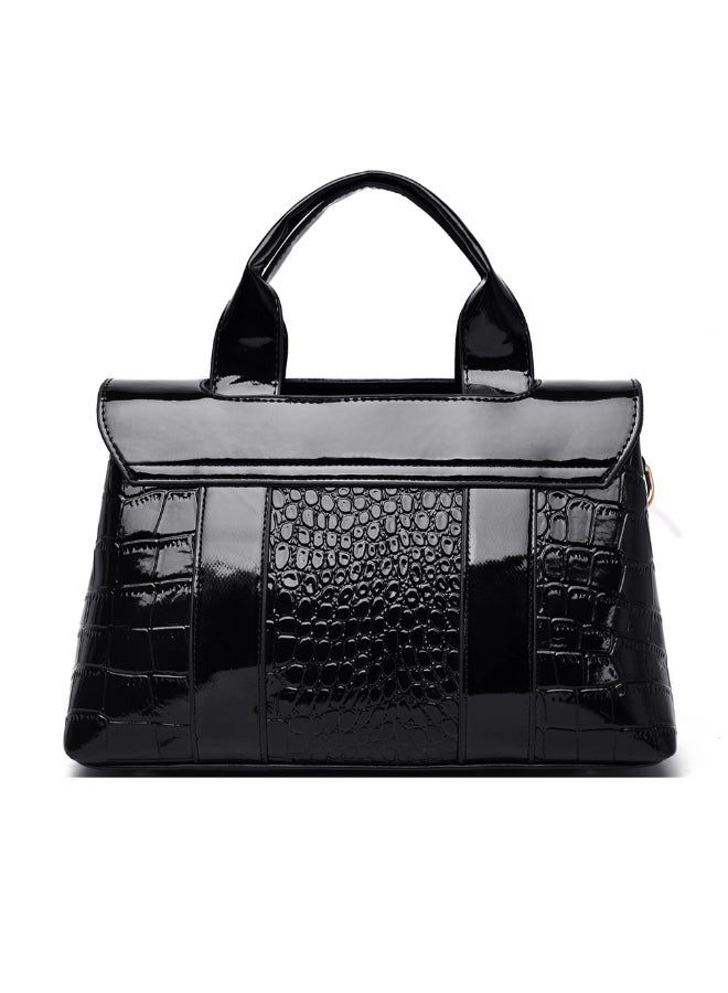 Sharpdo - 2-Piece Crocodile Pattern Satchel And Clutch Set Black - Image 1