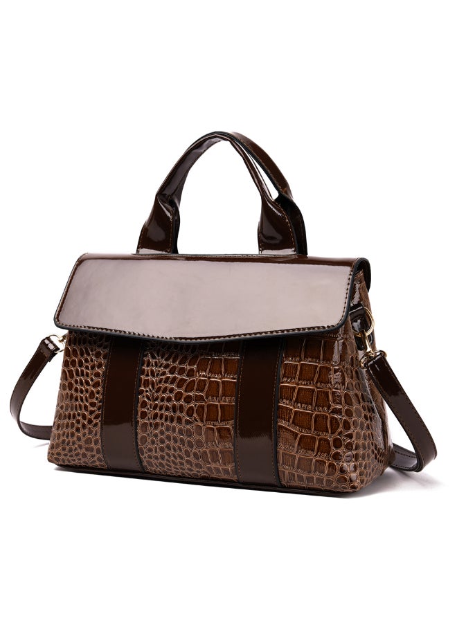 Sharpdo - 2-Piece Crocodile Pattern Satchel And Clutch Set Brown - Image 1