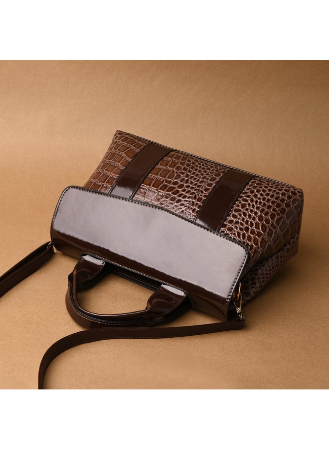 Sharpdo - 2-Piece Crocodile Pattern Satchel And Clutch Set Brown - Image 1