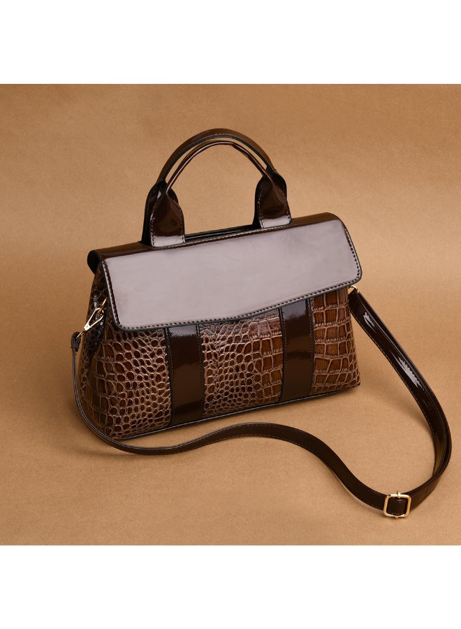 Sharpdo - 2-Piece Crocodile Pattern Satchel And Clutch Set Brown - Image 1
