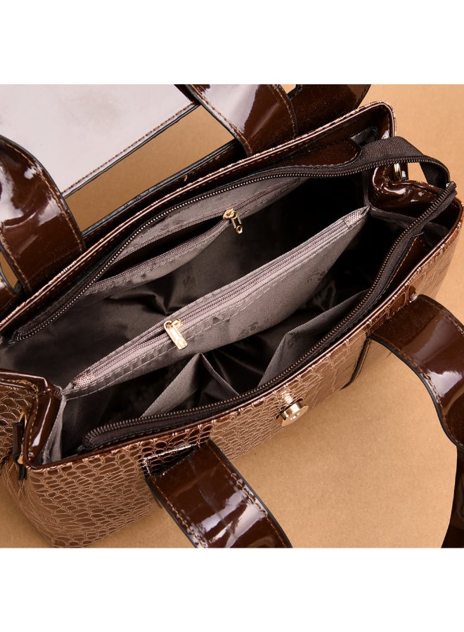 Sharpdo - 2-Piece Crocodile Pattern Satchel And Clutch Set Brown - Image 1