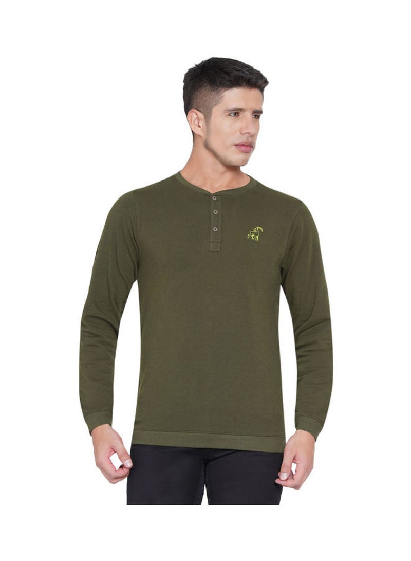 LAUREN Smith Full Sleeve Button Closure Sweatshirt Olive Green - Image 1