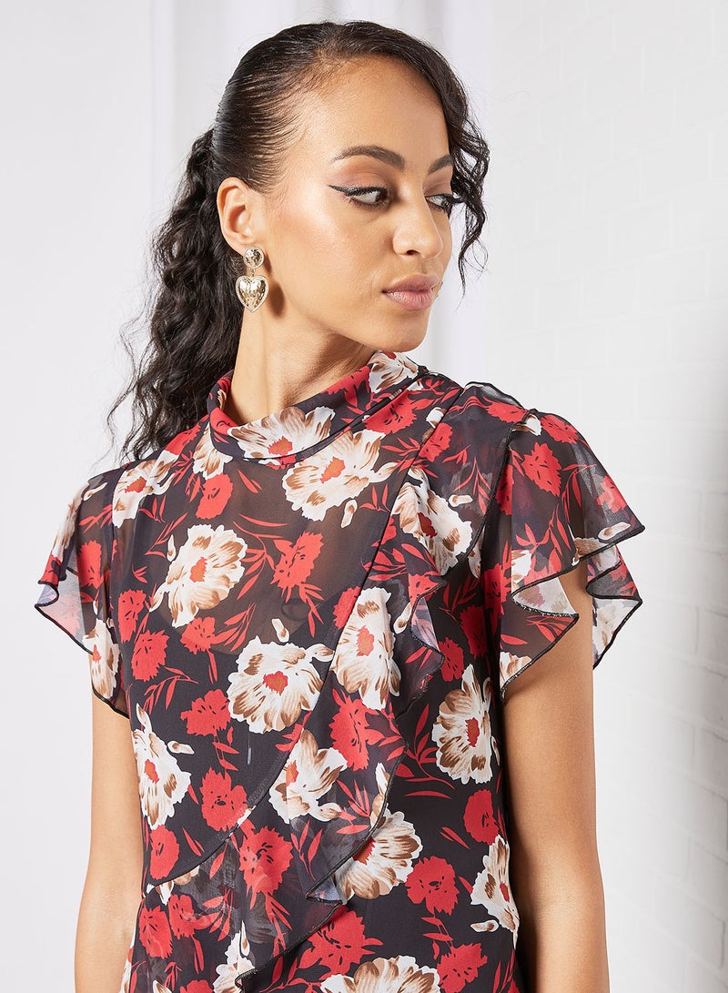 Aila Women's Casual Cap Sleeve Polyester Blend Tops With High Neck Printed Pattern With Diagonal Frill Red  - Image 4