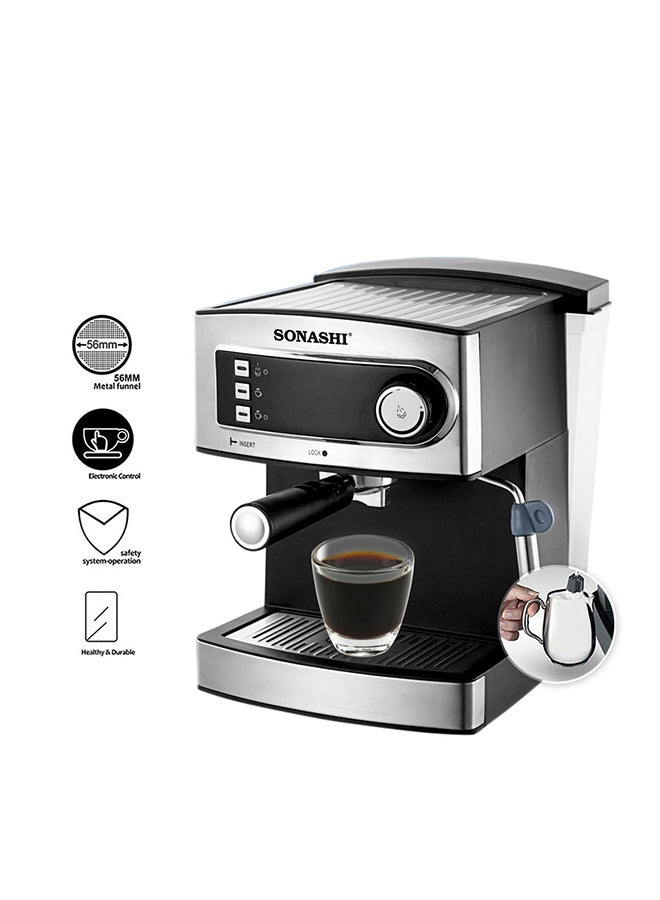 SONASHI - 15 Bar All-in-One Coffee Maker with Overheat Protection | 1.6L Large Detachable Water Tank / Steam Nozzle for Frothy Cappuccino | Prepares 1 cup at a time 1.6 L 850 W SCM-4965 Silver/Black - Image 1
