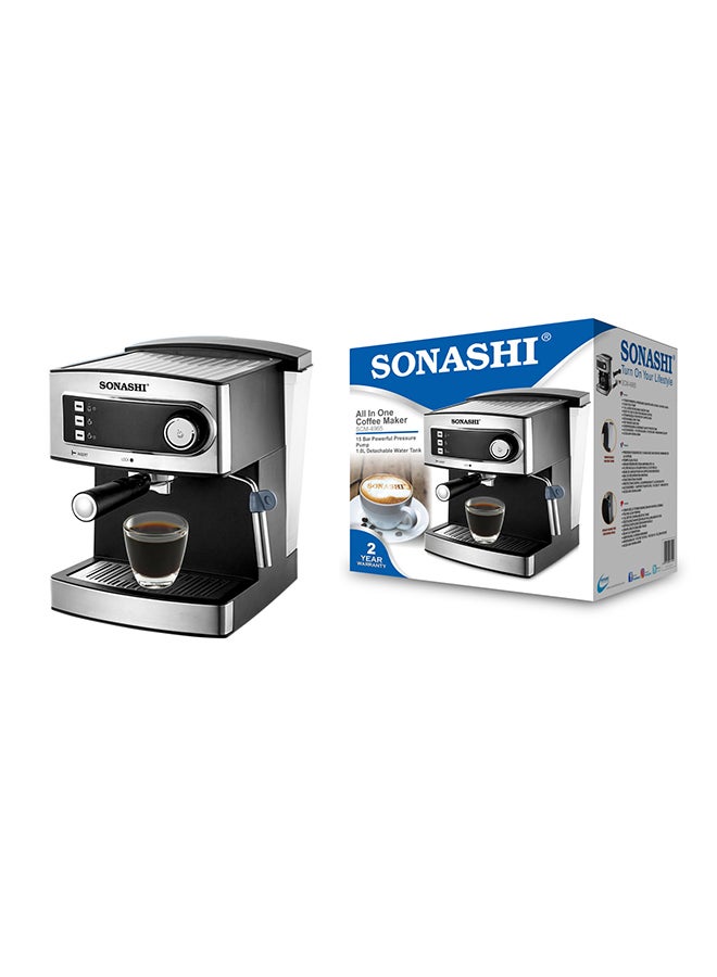 SONASHI - 15 Bar All-in-One Coffee Maker with Overheat Protection | 1.6L Large Detachable Water Tank / Steam Nozzle for Frothy Cappuccino | Prepares 1 cup at a time 1.6 L 850 W SCM-4965 Silver/Black - Image 1