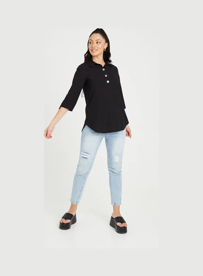 Closet By Styli Roll-Up Sleeves Button Closure Longline Tunic Black