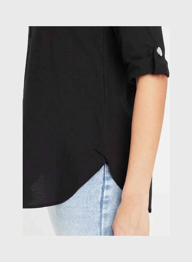 Closet By Styli Roll-Up Sleeves Button Closure Longline Tunic Black