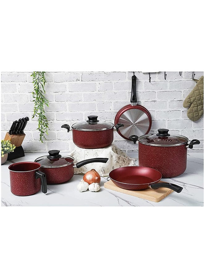 TRAMONTINA 9-Piece Aluminium Non Stick Interior Durable & Light Weight Cookware Set Includes 1xStock Pot With Lid 26cm,1xFrying Pan 26cm,1xStraight Frying Pan 24cm,1xSauce Pan With Lid 20cm,1xCasserole With Lid 24 cm,1xMultiuse Boiler(Milk,Vegetables And Tea) 14cm Red  - Image 1