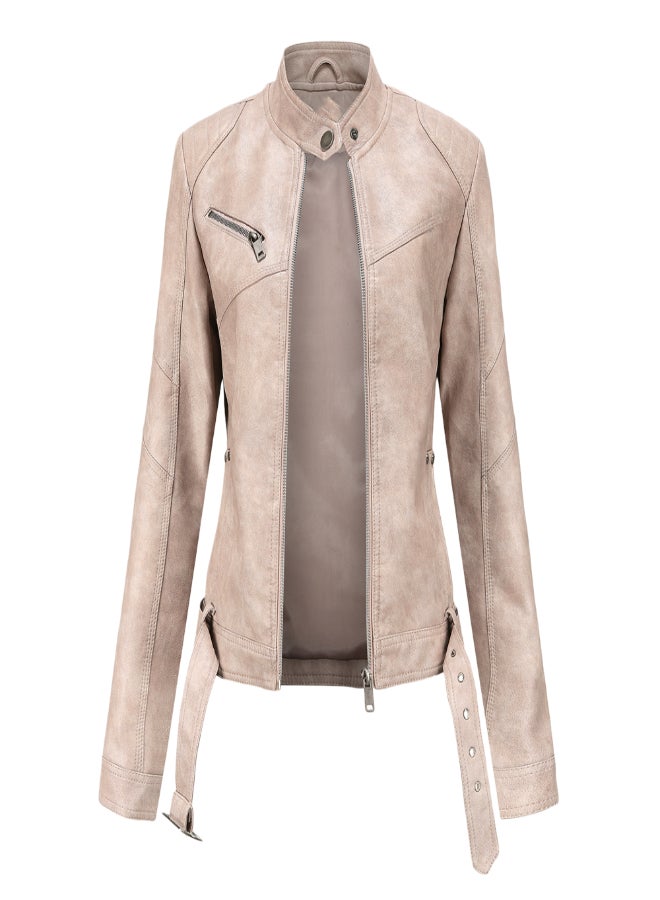 Stand Collar Biker Jacket Beige - Image 1