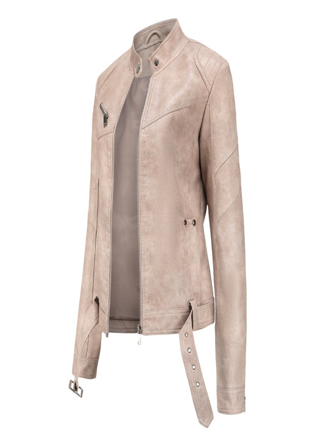 Stand Collar Biker Jacket Beige - Image 3