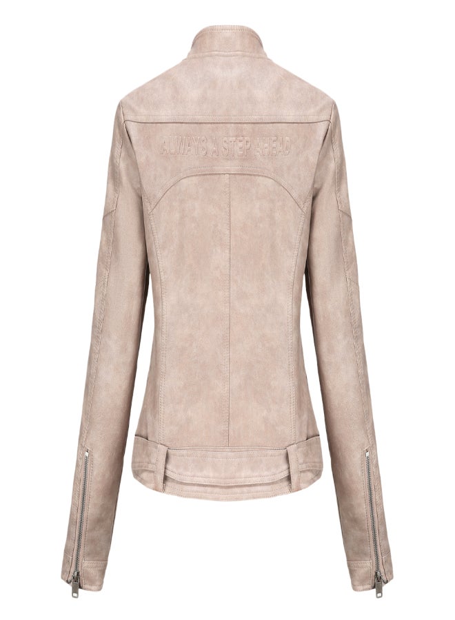 Stand Collar Biker Jacket Beige - Image 2
