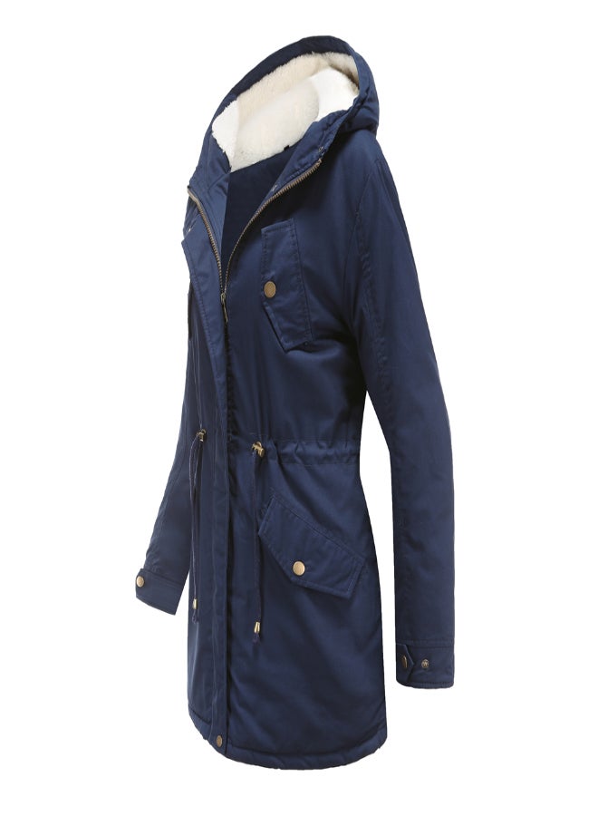 Hooded Neck Long Sleeve Parka Coat Navy Blue  - Image 3