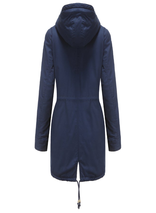 Hooded Neck Long Sleeve Parka Coat Navy Blue  - Image 2