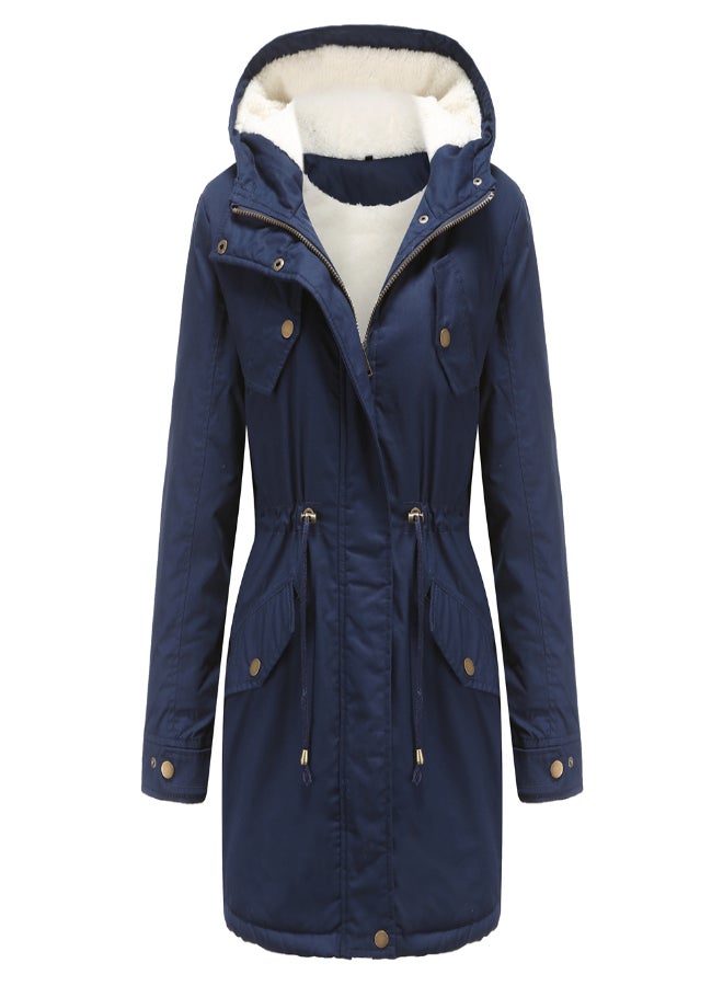 Hooded Neck Long Sleeve Parka Coat Navy Blue  - Image 1