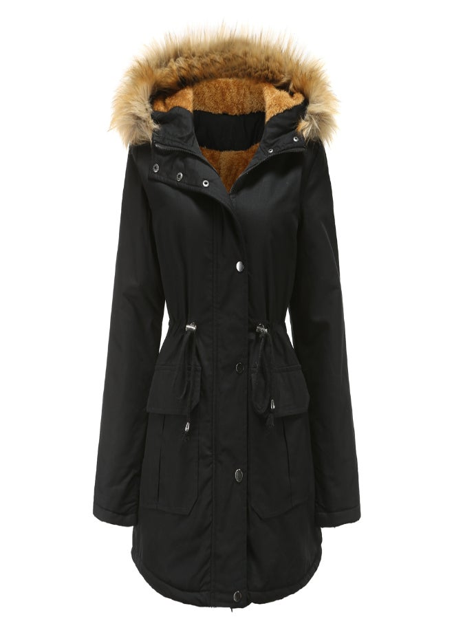 Hooded Neck Long Sleeve Parka Coat Black  - Image 1