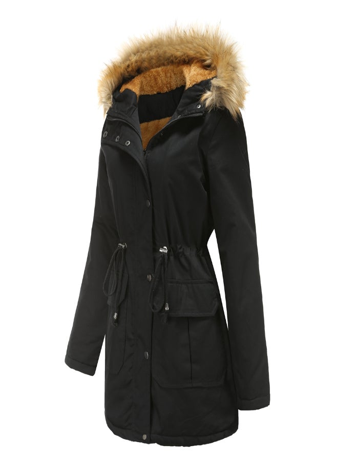 Hooded Neck Long Sleeve Parka Coat Black  - Image 3