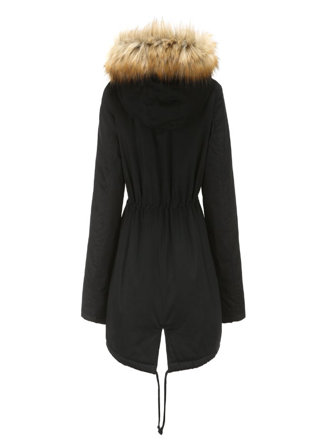 Hooded Neck Long Sleeve Parka Coat Black  - Image 2