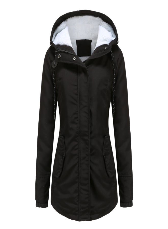 Hooded Neck Long Sleeve Parka Coat Black  - Image 1