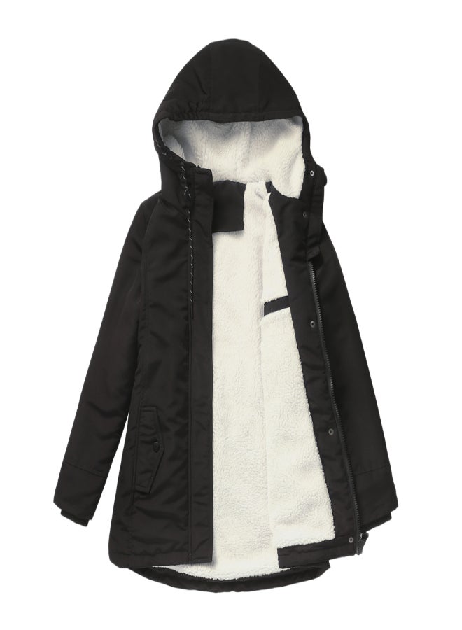 Hooded Neck Long Sleeve Parka Coat Black  - Image 2