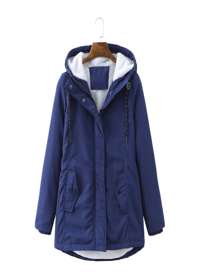 Hooded Neck Long Sleeve Parka Coat Navy Blue  - Image 1