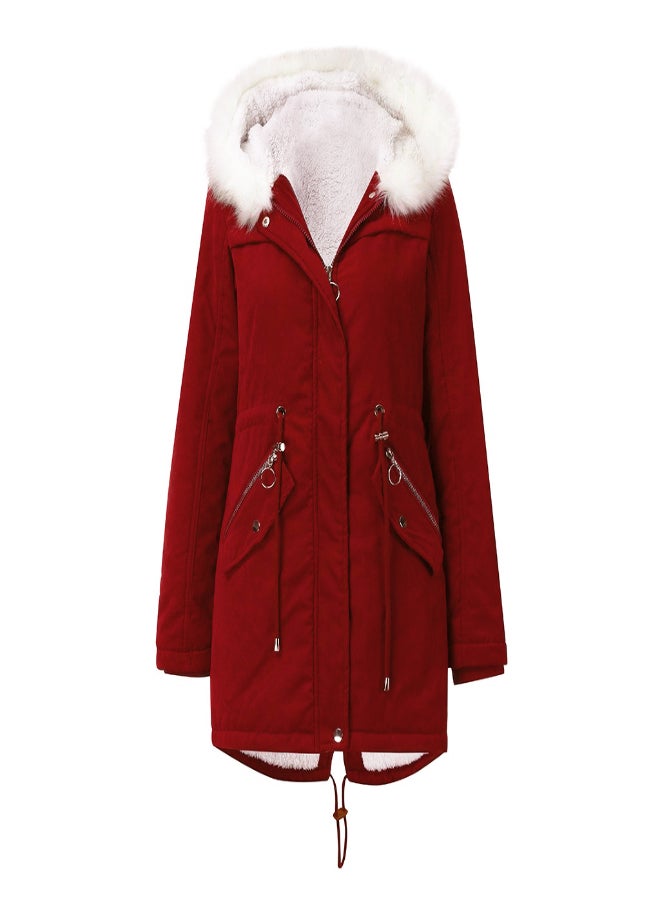 Hooded Neck Long Sleeve Parka Coat Red  - Image 1