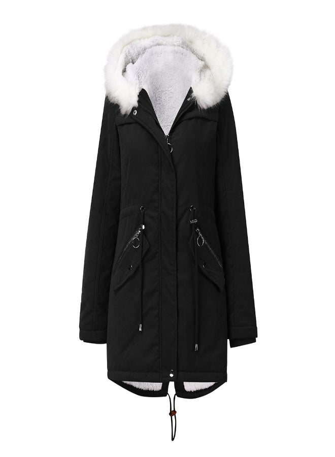 Hooded Neck Long Sleeve Parka Coat Black  - Image 3