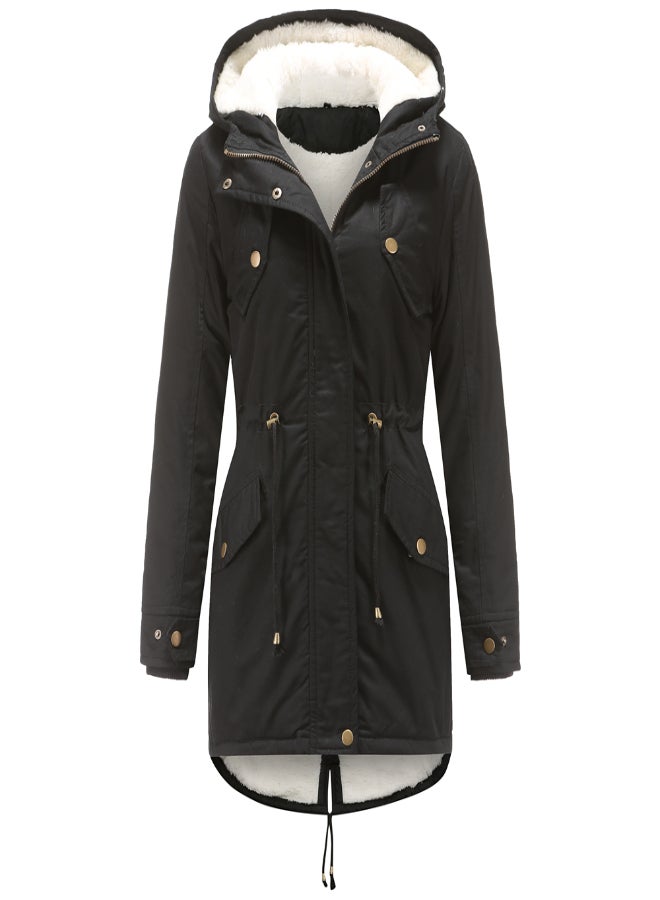 Hooded Neck Long Sleeve Parka Coat Black  - Image 1