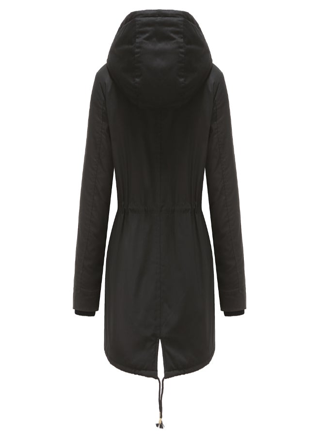 Hooded Neck Long Sleeve Parka Coat Black  - Image 2