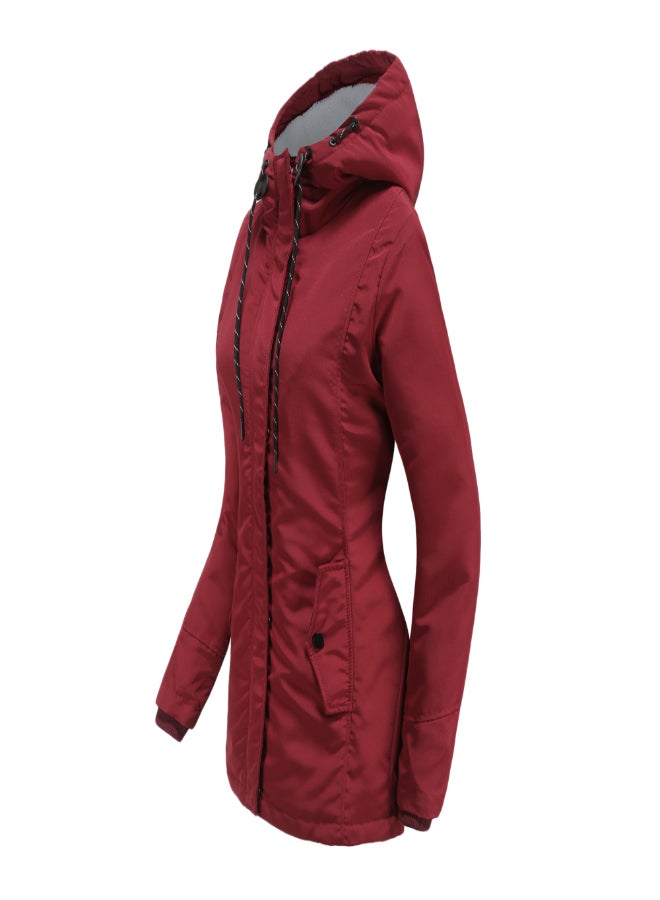 Hooded Neck Long Sleeve Parka Coat Red  - Image 2