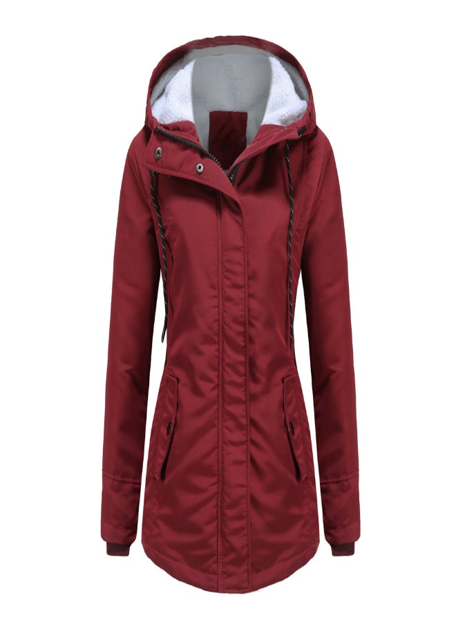 Hooded Neck Long Sleeve Parka Coat Red  - Image 1