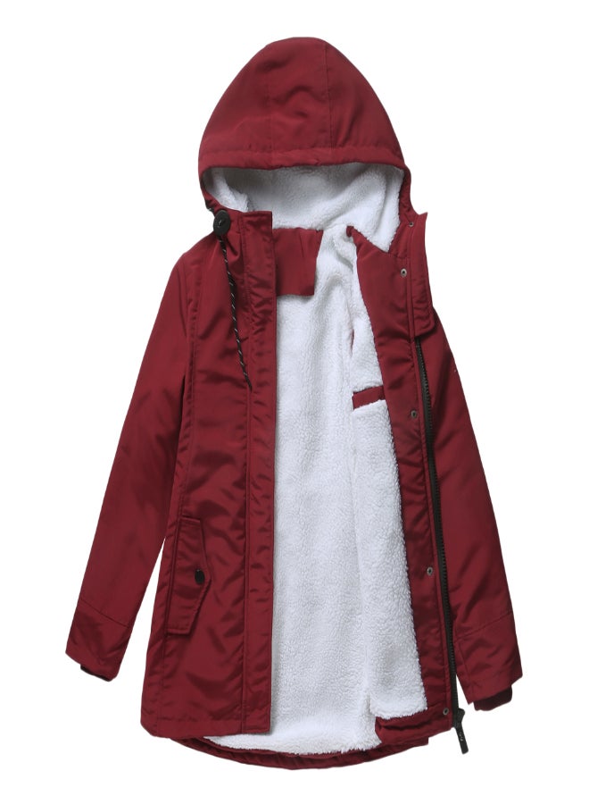 Hooded Neck Long Sleeve Parka Coat Red  - Image 3
