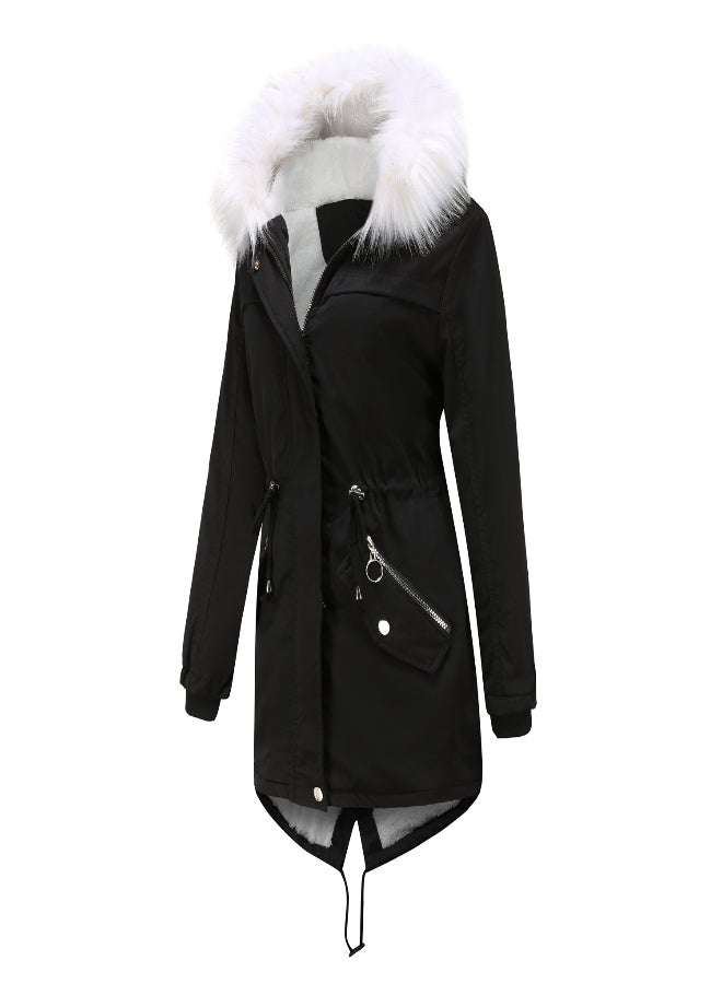 Hooded Neck Long Sleeve Parka Coat Black  - Image 3