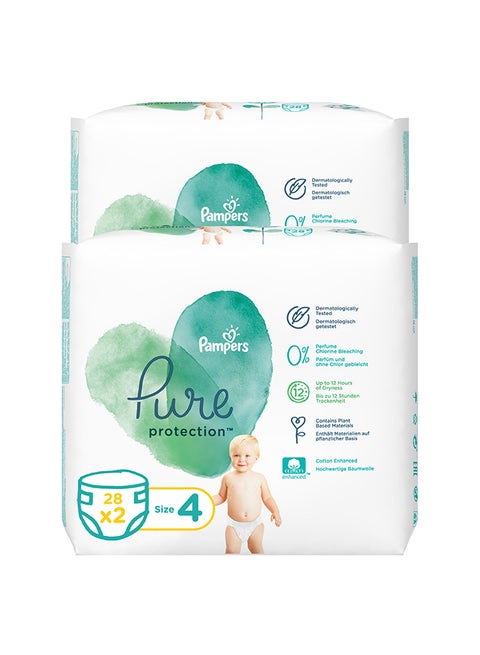 Pure Protection Diapers, Size 4, 9 - 14 Kg, 56 Count (28 x 2) - Dermatologically Tested, 0% Perfume, Chlorine And Bleaching