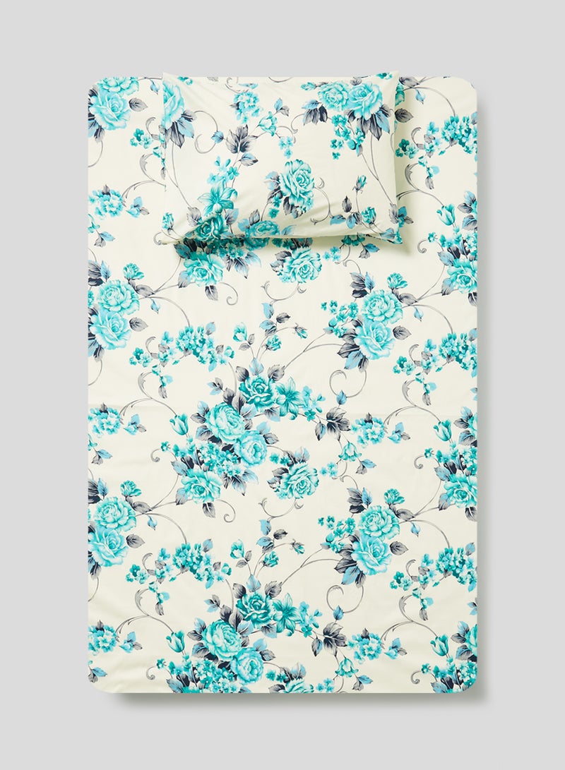 RISHAHOME 2-Piece Single Size 180 Thread Count  Premium Collection Floral Printed Bedsheet Set Includes 1xBedsheet ,1xPillow Case 50x75 cm Cotton White/Blue/Grey 147x240cm  - Image 1