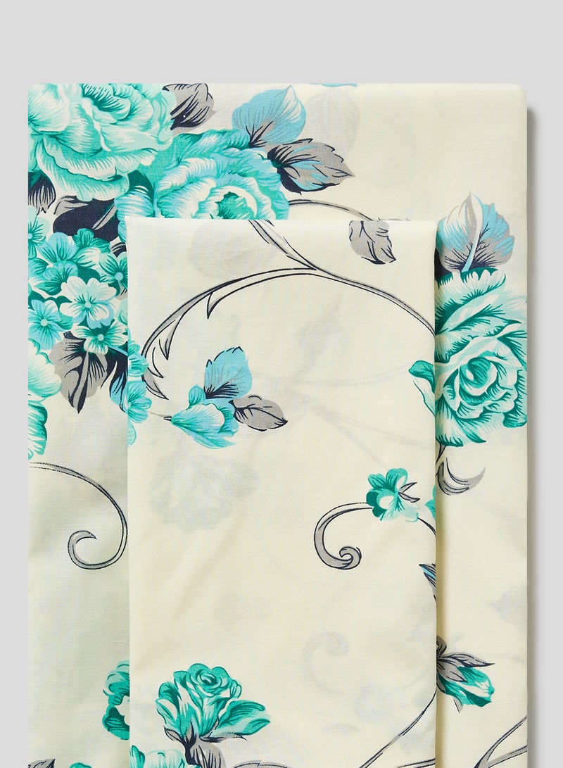 RISHAHOME 2-Piece Single Size 180 Thread Count  Premium Collection Floral Printed Bedsheet Set Includes 1xBedsheet ,1xPillow Case 50x75 cm Cotton White/Blue/Grey 147x240cm  - Image 2