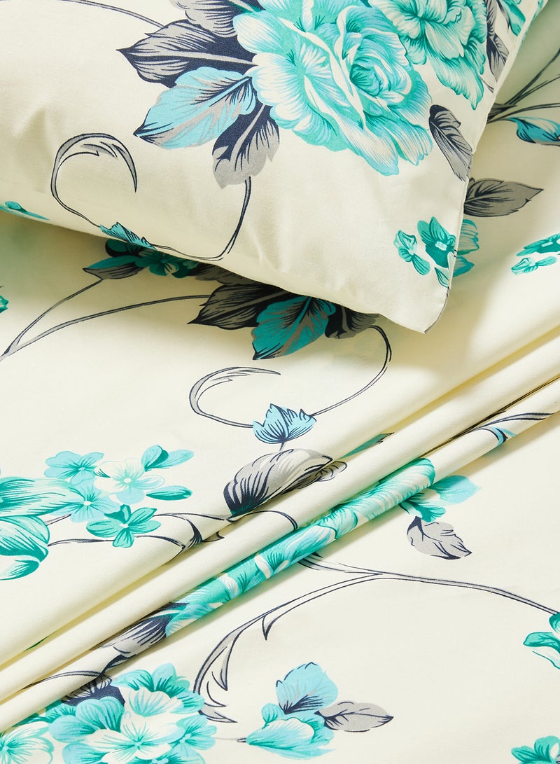 RISHAHOME 2-Piece Single Size 180 Thread Count  Premium Collection Floral Printed Bedsheet Set Includes 1xBedsheet ,1xPillow Case 50x75 cm Cotton White/Blue/Grey 147x240cm  - Image 3