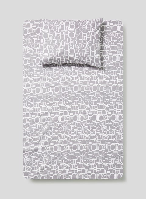2-Piece Single Size 180 Thread Count  Premium Collection Alphabet Printed Bedsheet Set Includes 1xBedsheet ,1xPillow Case 50x75 cm Cotton Grey/White 147x240cm