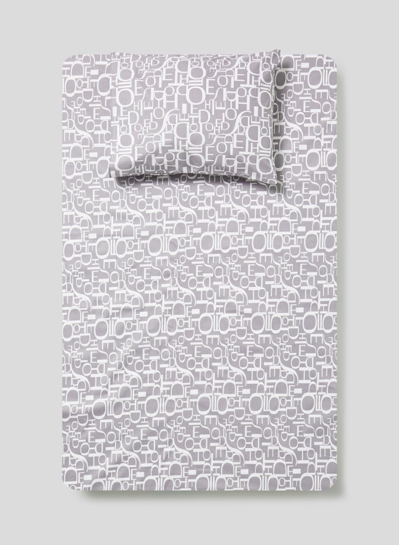 RISHAHOME 2-Piece Single Size 180 Thread Count  Premium Collection Alphabet Printed Bedsheet Set Includes 1xBedsheet ,1xPillow Case 50x75 cm Cotton Grey/White 147x240cm  - Image 1