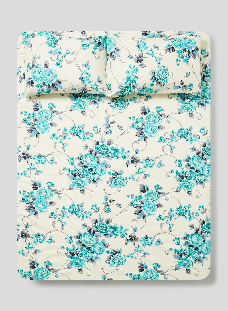 RISHAHOME 3-Piece Queen Size 180 Thread Count  Premium Collection Floral Printed Bedsheet Set Inclides 1xBedsheet, 2xPillow Cases 50x75 cm Cotton White/Blue/Grey 240x254cm  - Image 1