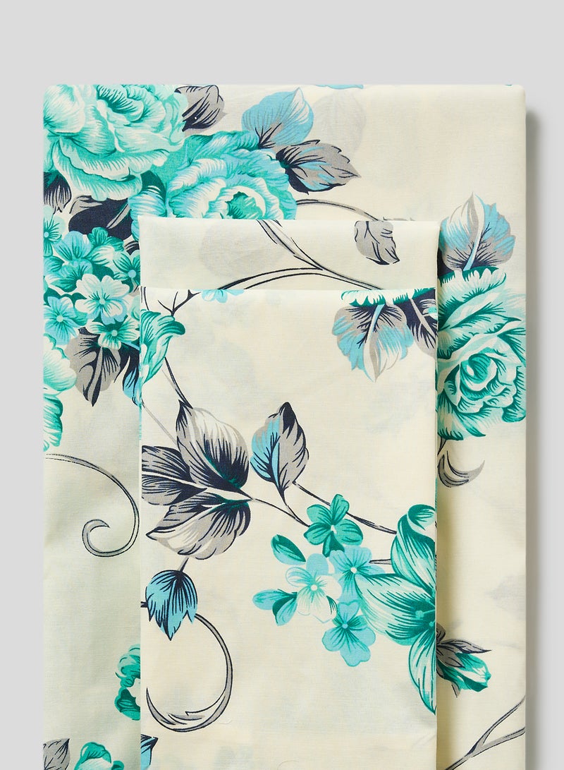 RISHAHOME 3-Piece Queen Size 180 Thread Count  Premium Collection Floral Printed Bedsheet Set Inclides 1xBedsheet, 2xPillow Cases 50x75 cm Cotton White/Blue/Grey 240x254cm  - Image 2