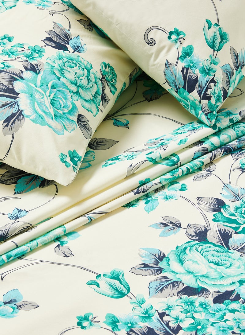 RISHAHOME 3-Piece Queen Size 180 Thread Count  Premium Collection Floral Printed Bedsheet Set Inclides 1xBedsheet, 2xPillow Cases 50x75 cm Cotton White/Blue/Grey 240x254cm  - Image 3