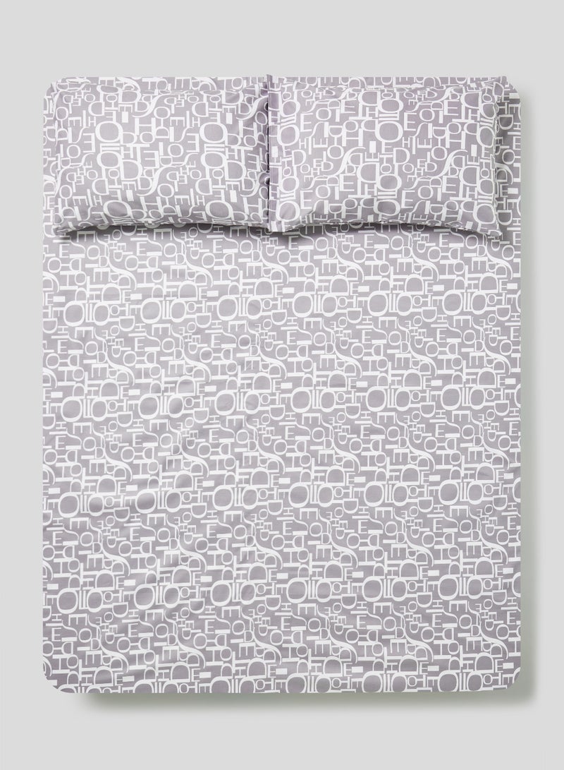 RISHAHOME 3-Piece Queen Size 180 Thread Count  Premium Collection Alphabet Printed Bedsheet Set Includes 1xBedsheet, 2xPillow Cases 50x75 cm Cotton Grey/White 240x254cm  - Image 1