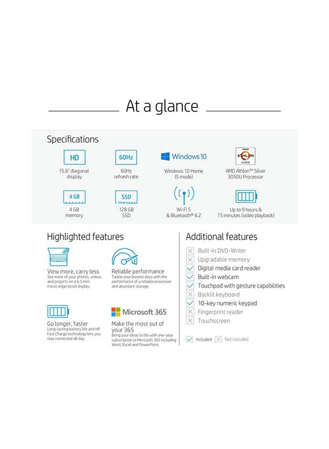 HP - EF1071 Laptop With 15.6-Inch Display, Athlon N3050U Processer/4GB RAM/128GB SSD/AMD Radeon Graphics/Windows 10/English Keyboard With Wireless Mouse And Sleeve English Silver - Image 1