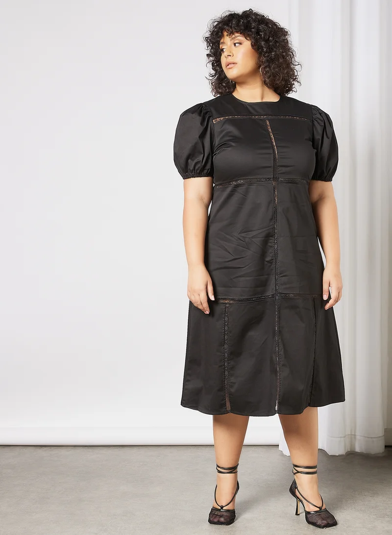 LOST INK Plus Size Puff Sleeve Midi Dress Black