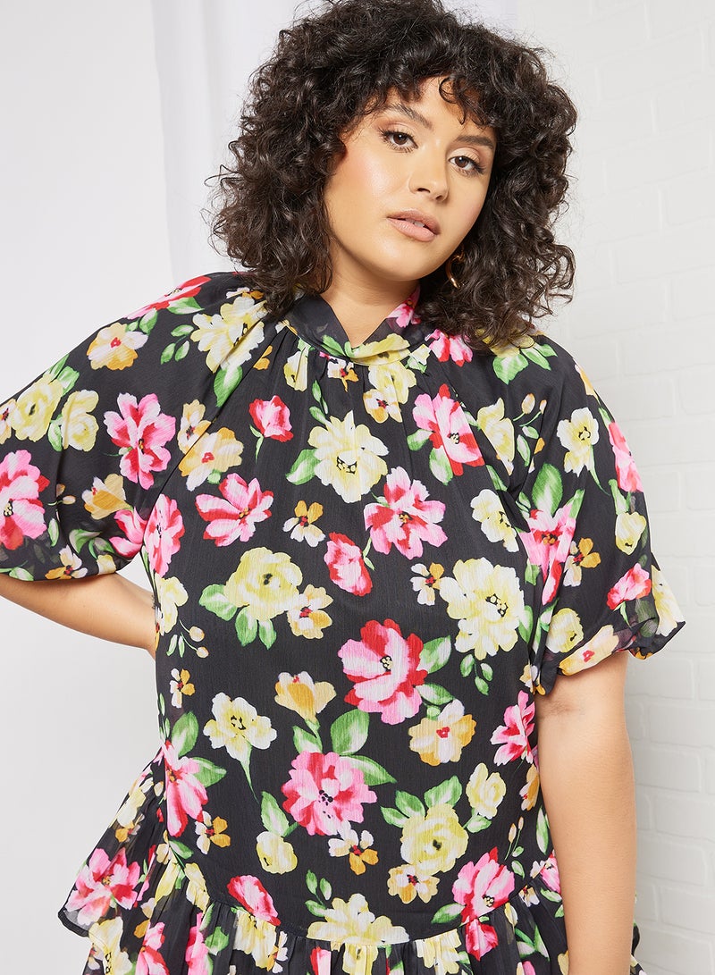 LOST INK - Plus Size Floral Print Dress Black - Image 1