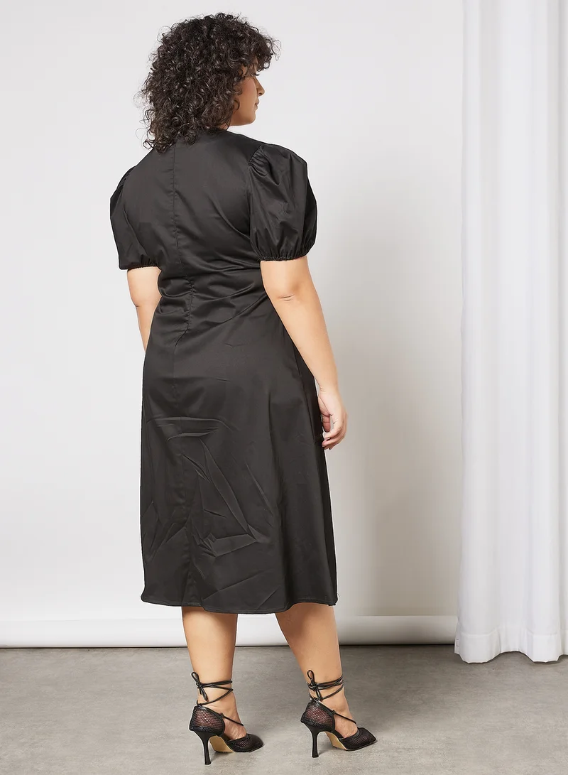 LOST INK Plus Size Puff Sleeve Midi Dress Black
