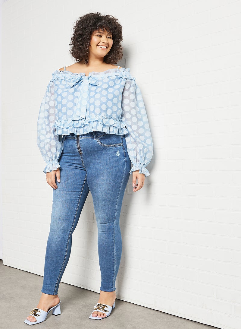 LOST INK Plus Size Polka Dot Print Blouse Blue  - Image 2
