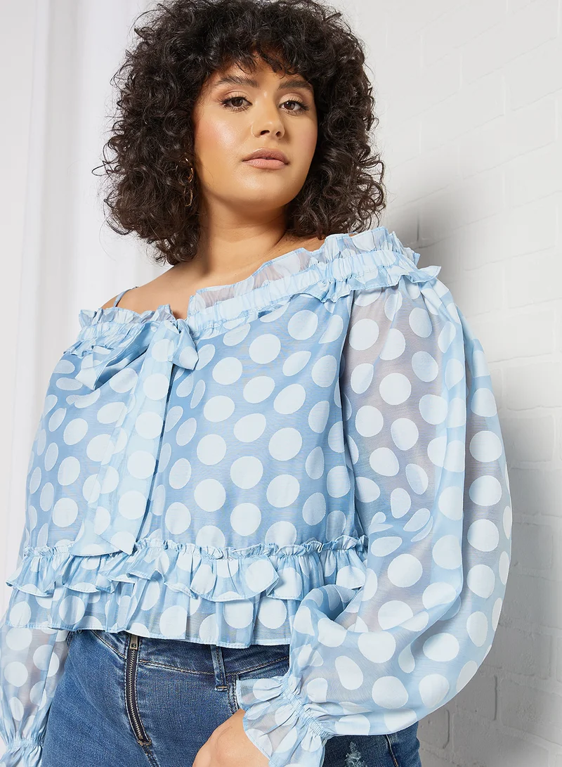 LOST INK Plus Size Polka Dot Print Blouse Blue